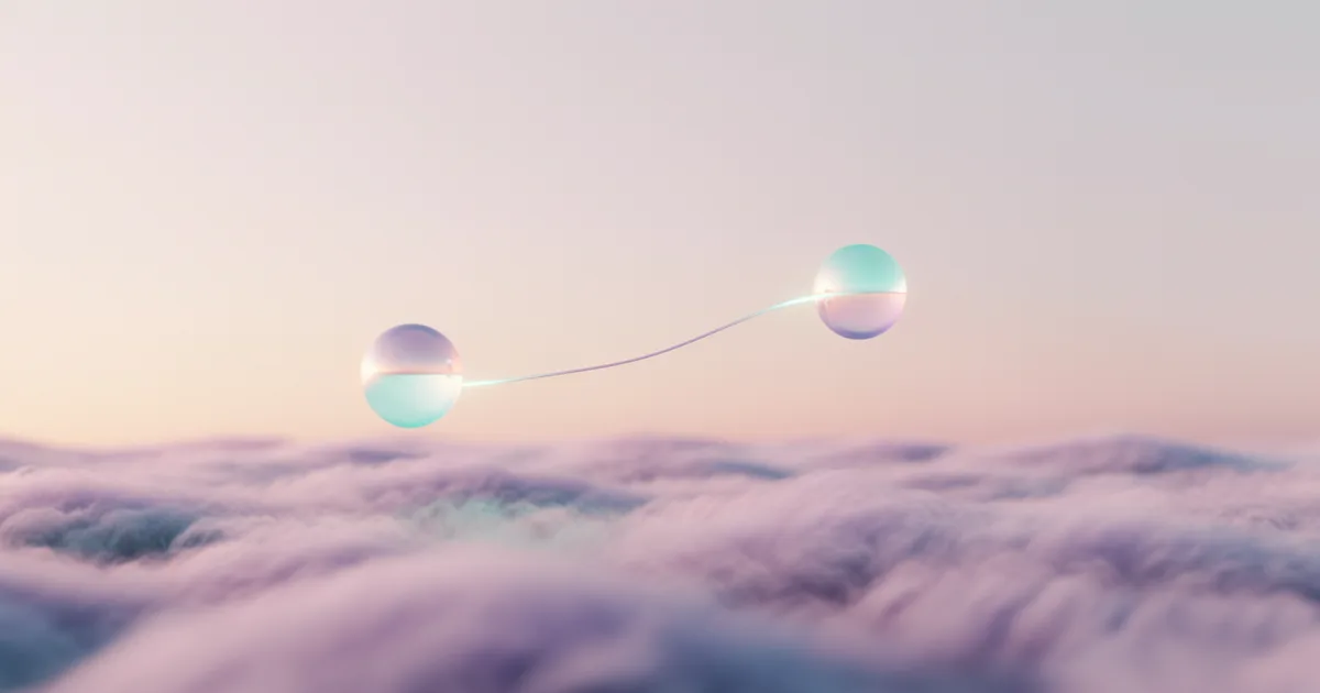 Soft iridescent illustration of two connected orbs with a gentle thread of light between them