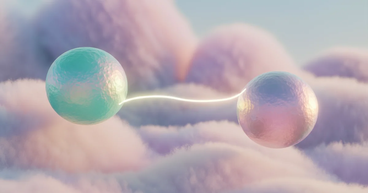 Two iridescent orbs reaching toward each other across a soft cloud gap, connected by a faint flickering thread of light