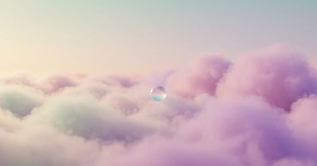 A small iridescent orb moving through a soft arc of cloud from morning gold to dusk lavender, representing anxiety across a full day