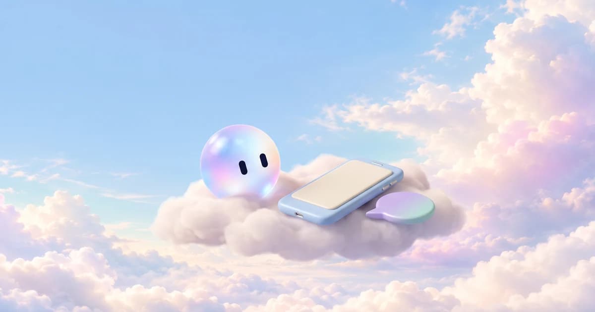Stella's orb beside a clay phone and a lone speech bubble on soft clouds, blush pastel light
