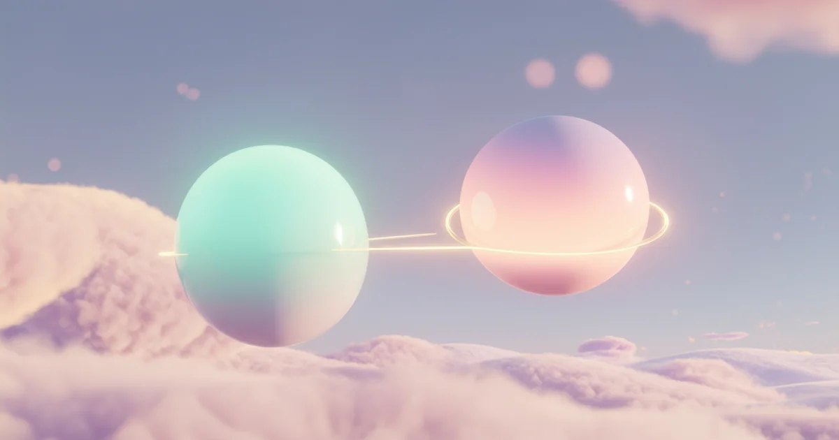 Soft iridescent 3D illustration of two glowing orbs floating close together with one surrounded by a faint protective shell, representing the vulnerability of new love