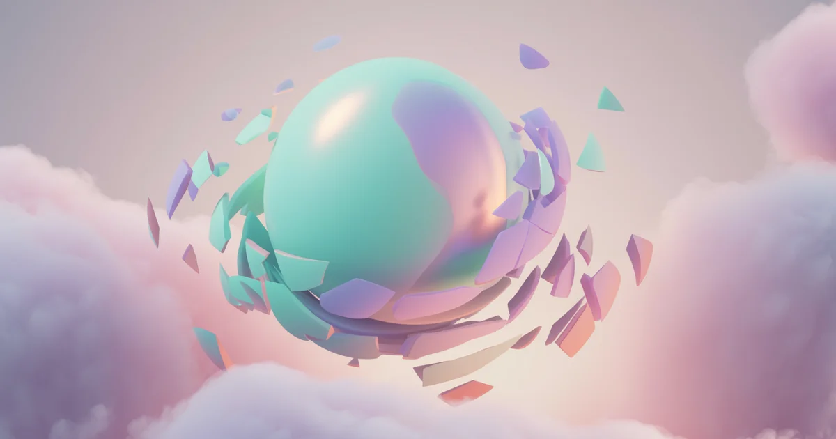 Soft iridescent orb surrounded by swirling fragments dissolving into calm lavender clouds