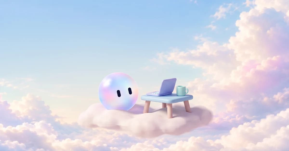 Stella's orb beside a clay laptop and coffee mug on a cloud floor, soft daytime light