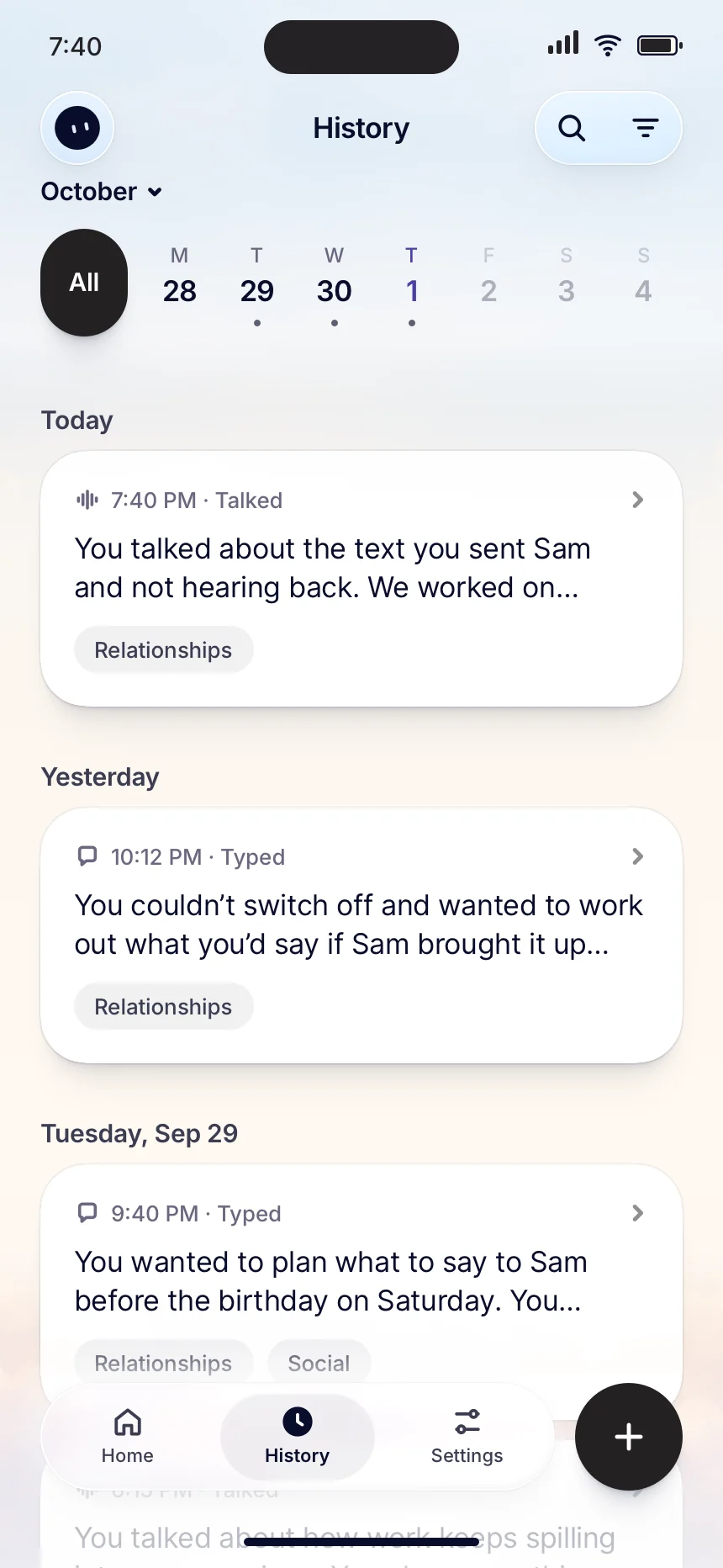Stella app History screen for October: conversations listed by day, each with a one-line summary, such as “You talked about the text you sent Sam and not hearing back”, tagged Relationships.