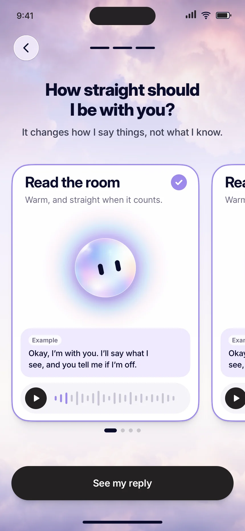 Stella app screen asking “How straight should I be with you?” with the style “Read the room: warm, and straight when it counts” selected and an example reply.
