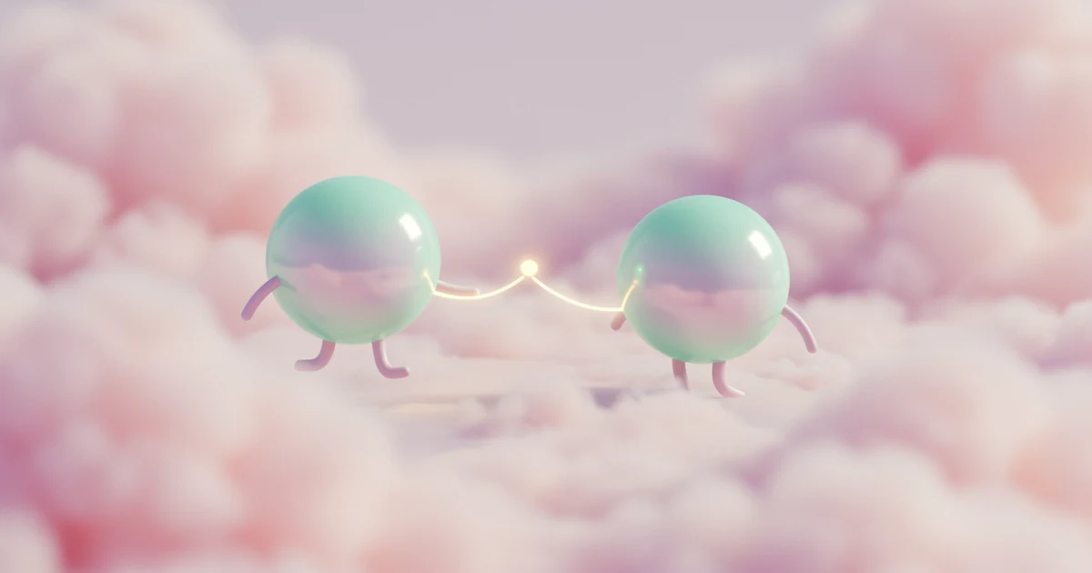 Two soft iridescent orbs walking side by side connected by a gentle thread of light, representing a supportive accountability buddy