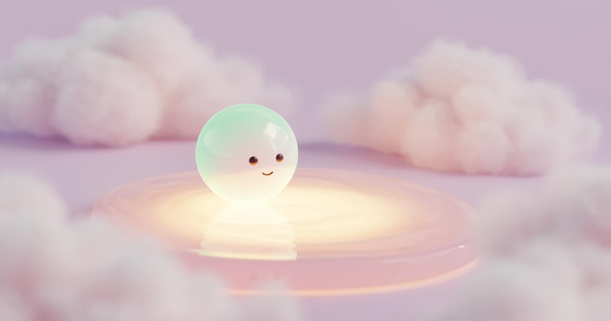 A small iridescent orb gazing at a warm glowing reflection of itself in a calm pool of light, representing being truly seen