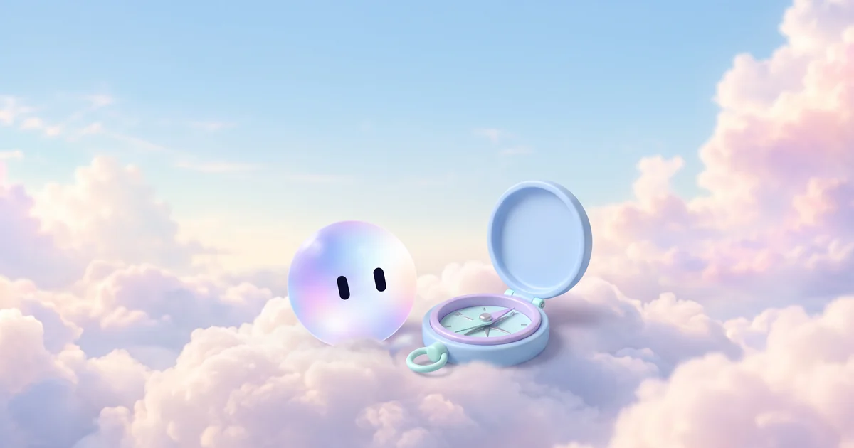 Stella's orb beside a small open clay compass on soft pastel clouds