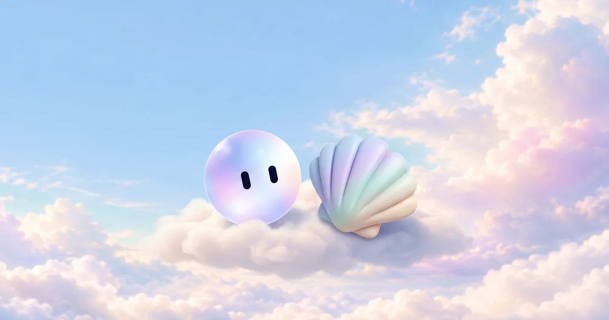 Stella's orb beside a single clay seashell resting on soft pastel clouds