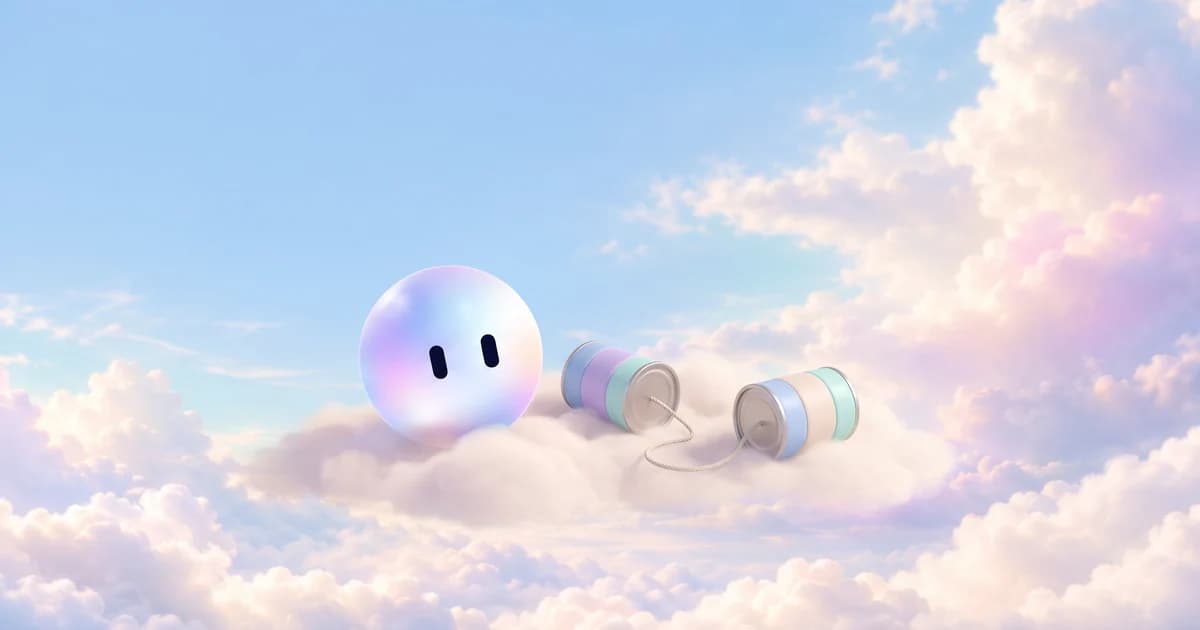 Stella's orb on soft pastel clouds beside a clay tin-can telephone, its two cans apart and the string slack