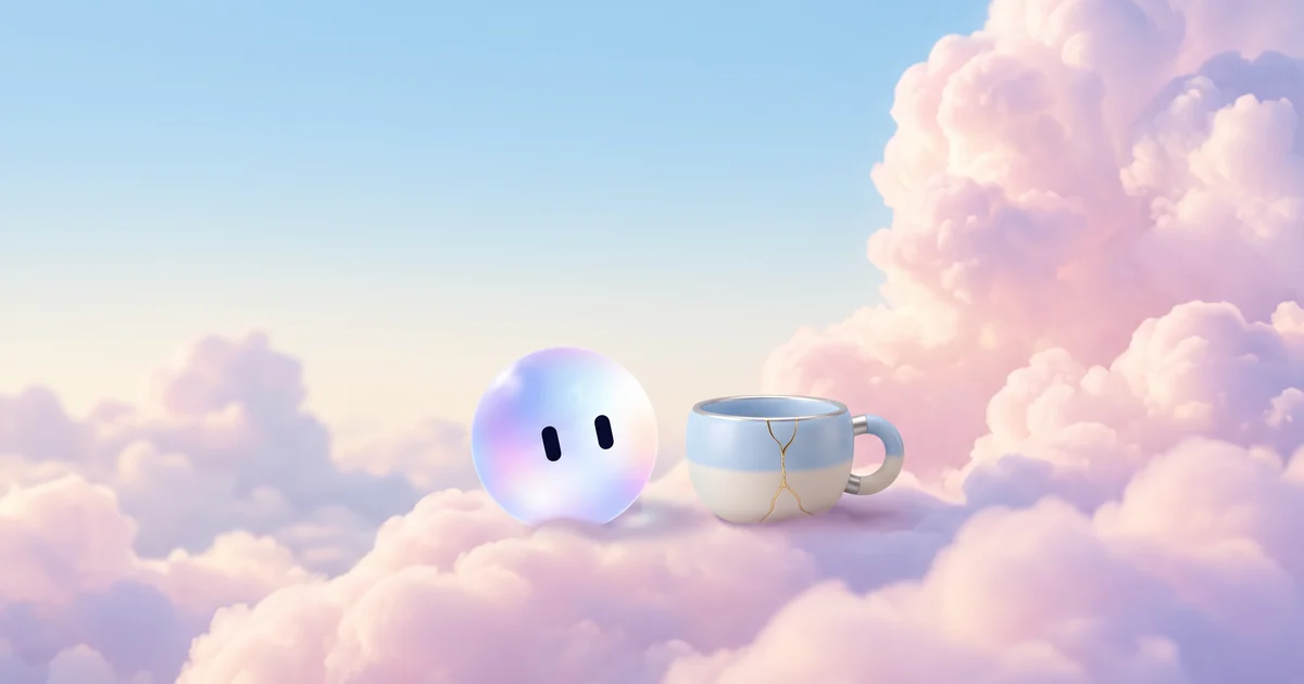 Stella's orb beside a small clay teacup with a crack mended in gold, on soft clouds in morning light
