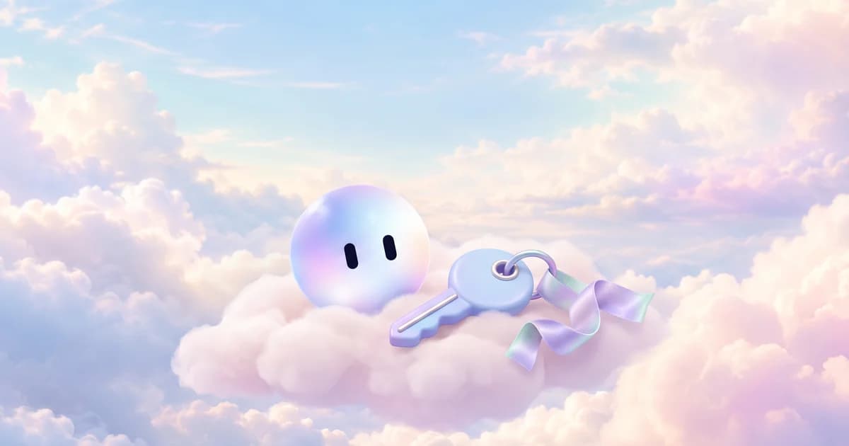 Stella's orb beside a clay house key on a loop of ribbon, resting on soft pastel clouds