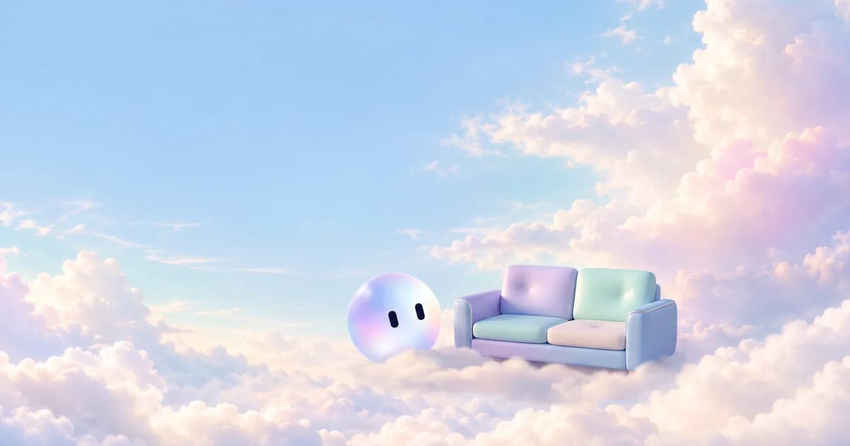 Stella's orb beside a small clay two-seat sofa with a worn dent at each end, on soft clouds in evening light