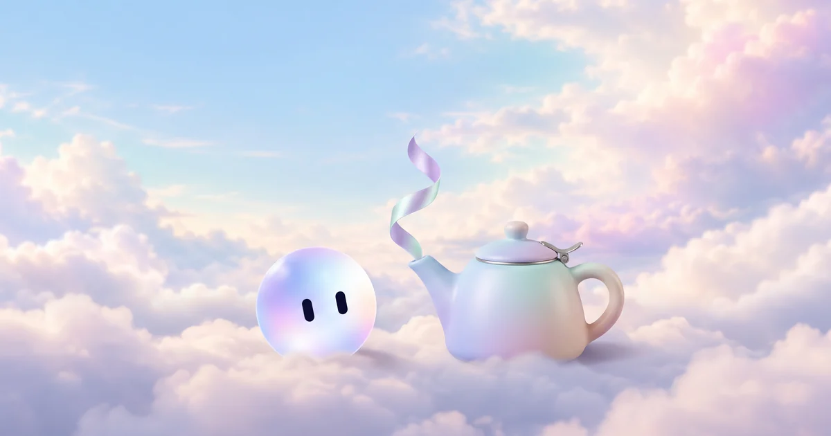 Stella's orb beside a small clay teakettle letting off a curl of steam on soft clouds, evening pastel light
