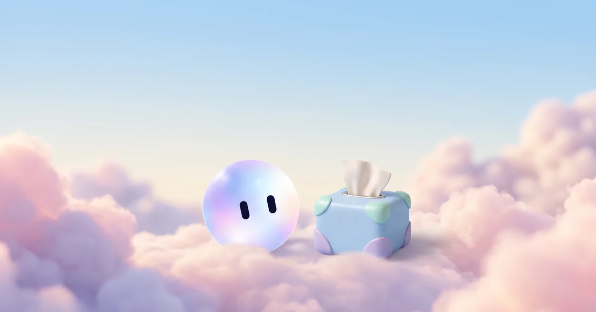 Stella's orb beside a small clay tissue box with one tissue half pulled out, on soft clouds in late-afternoon light
