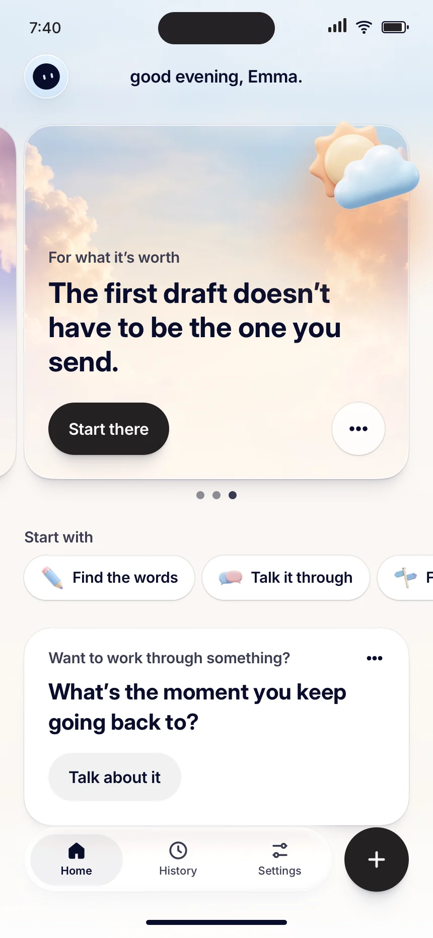 Stella app Home screen: “good evening, Emma.” and a card “For what it’s worth: The first draft doesn’t have to be the one you send.” with a Start there button, then starting points like Find the words and Talk it through.